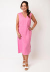 Oui Linen Frayed V Neck Midi Dress, Pink