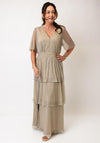 Oui Tiered Shimmer V Neck Long Dress, Champagne