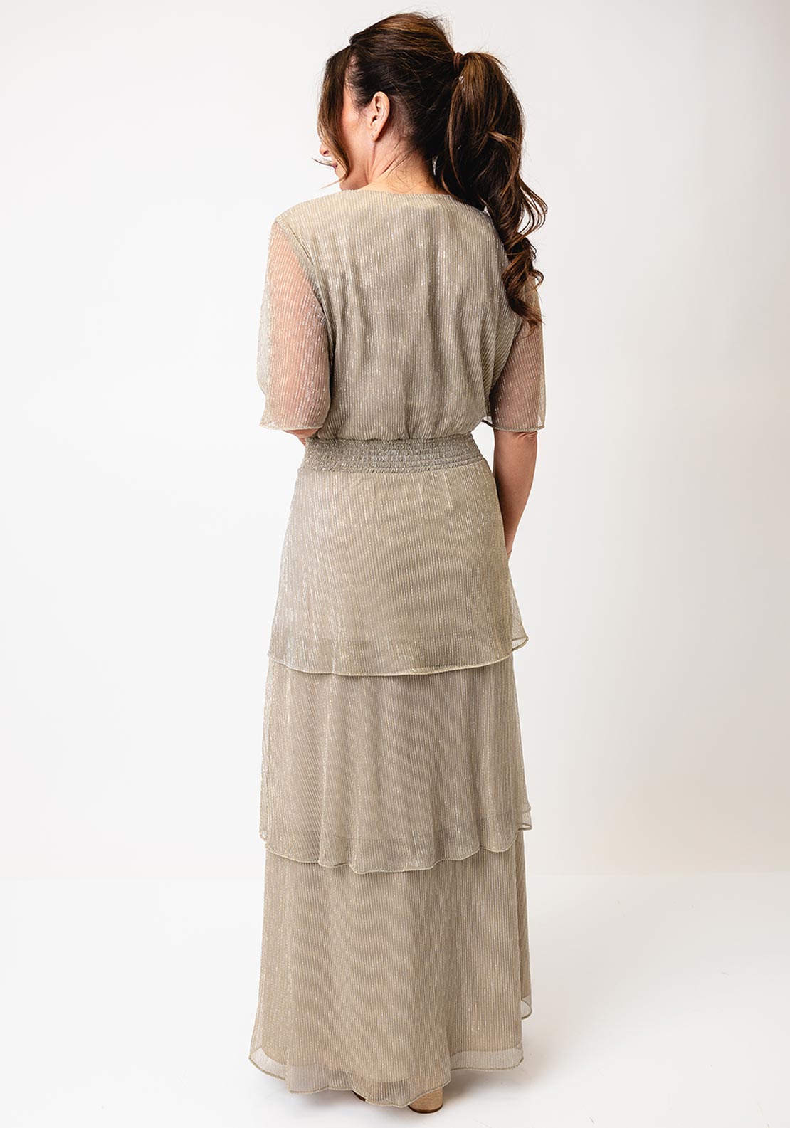 Oui Tiered Shimmer V Neck Long Dress, Champagne