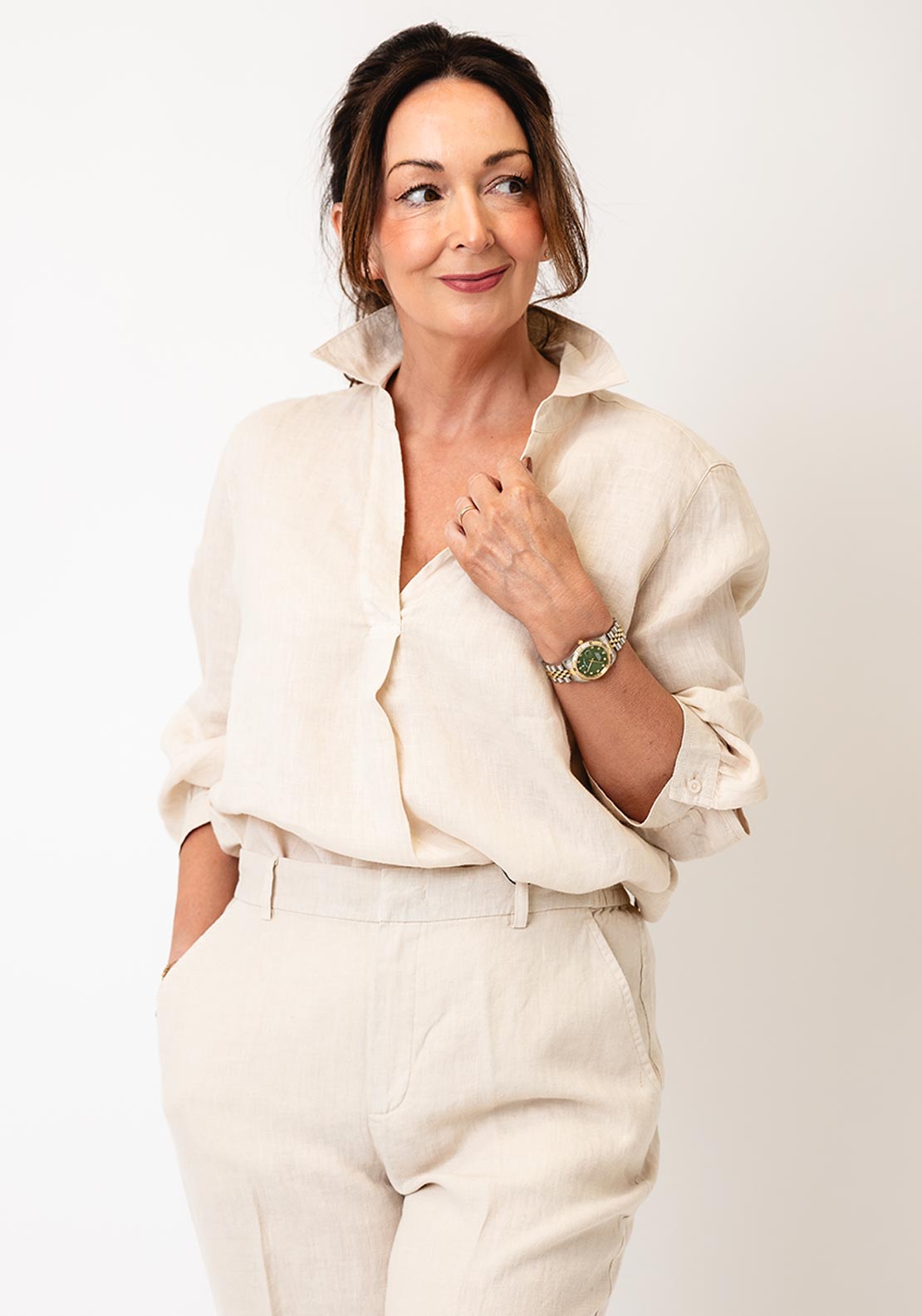 Oui Linen V Neck Blouse, Biscuit Beige