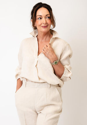 Oui Linen V Neck Blouse, Biscuit Beige