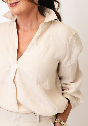 Oui Linen V Neck Blouse, Biscuit Beige