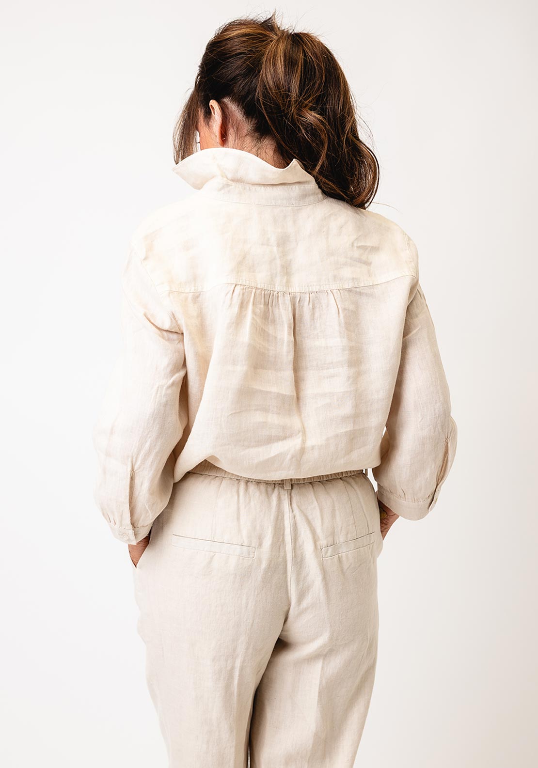 Oui Linen V Neck Blouse, Biscuit Beige