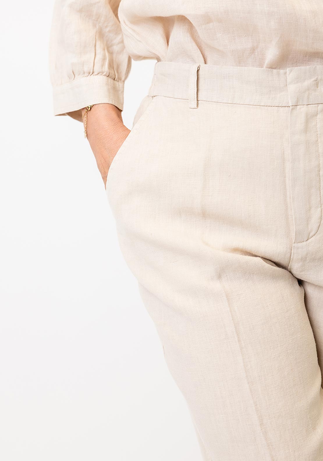 Oui Linen Tapered Cropped Trousers, Beige