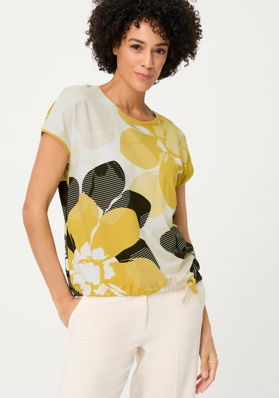 Olsen Botanical Print Capped Sleeve T-Shirt, Yellow Multi