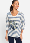 Olsen Striped Flower Graphic Cropped Sleeve Top, Blue and White