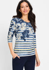 Olsen Flower Striped Print Cropped Sleeve Top, Blue