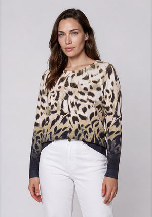 Olsen Round Neck Animal Print Top, White Multi