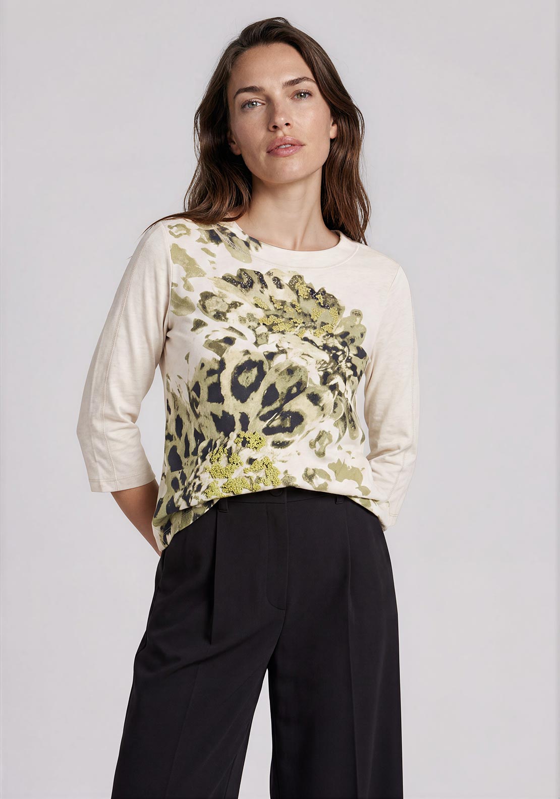Olsen Graphic Print with Stud Detail Top, Green Multi