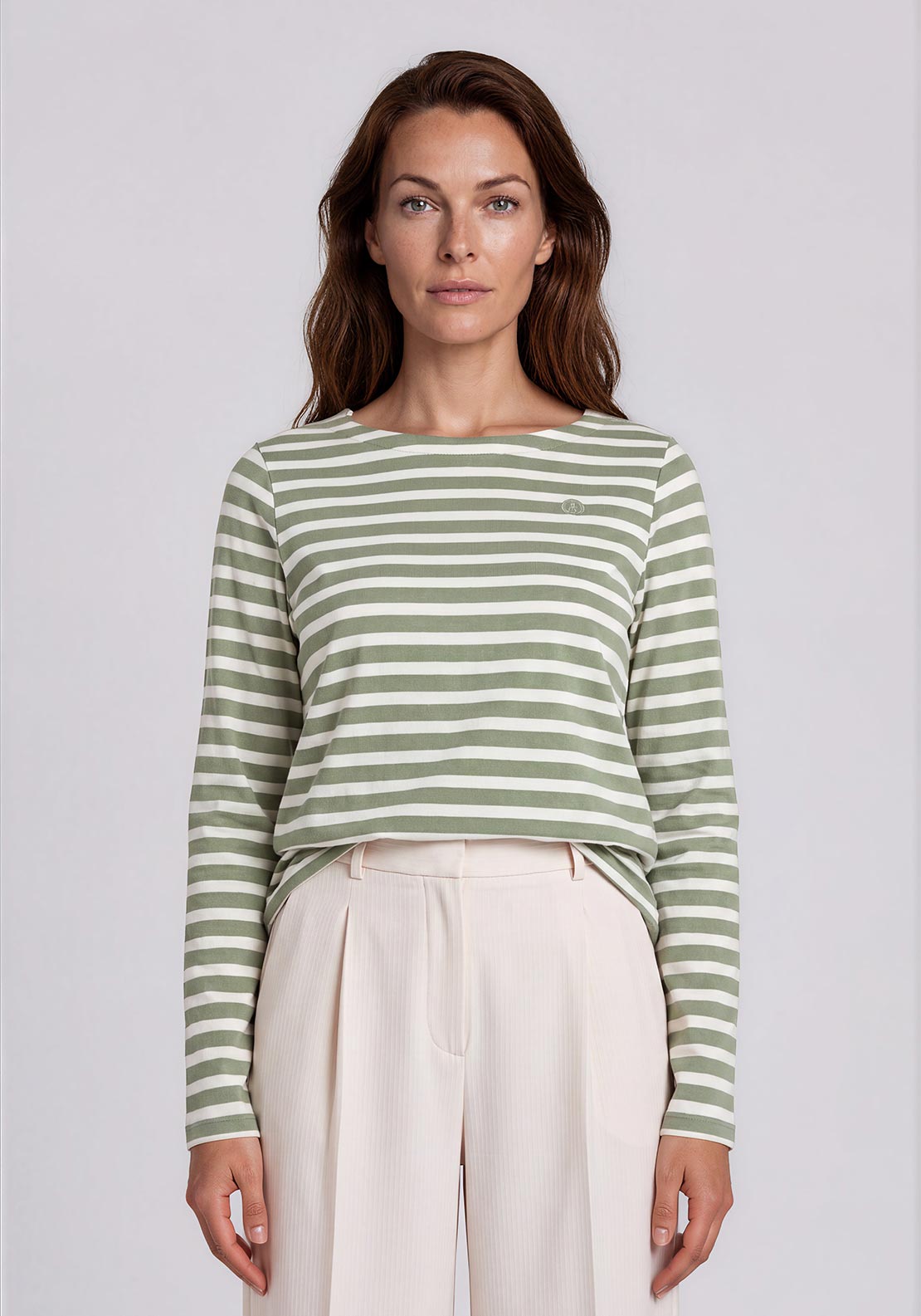 Olsen Striped with Logo Detail Top, Green and White