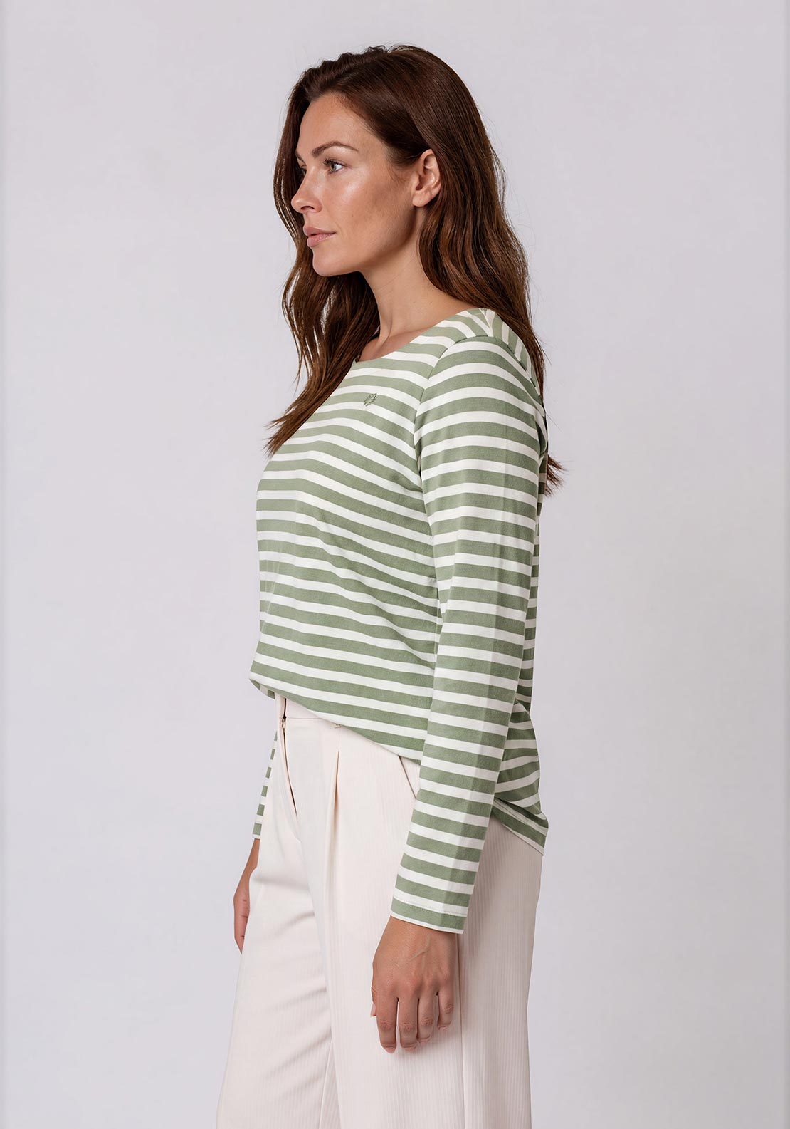 Olsen Striped with Logo Detail Top, Green and White