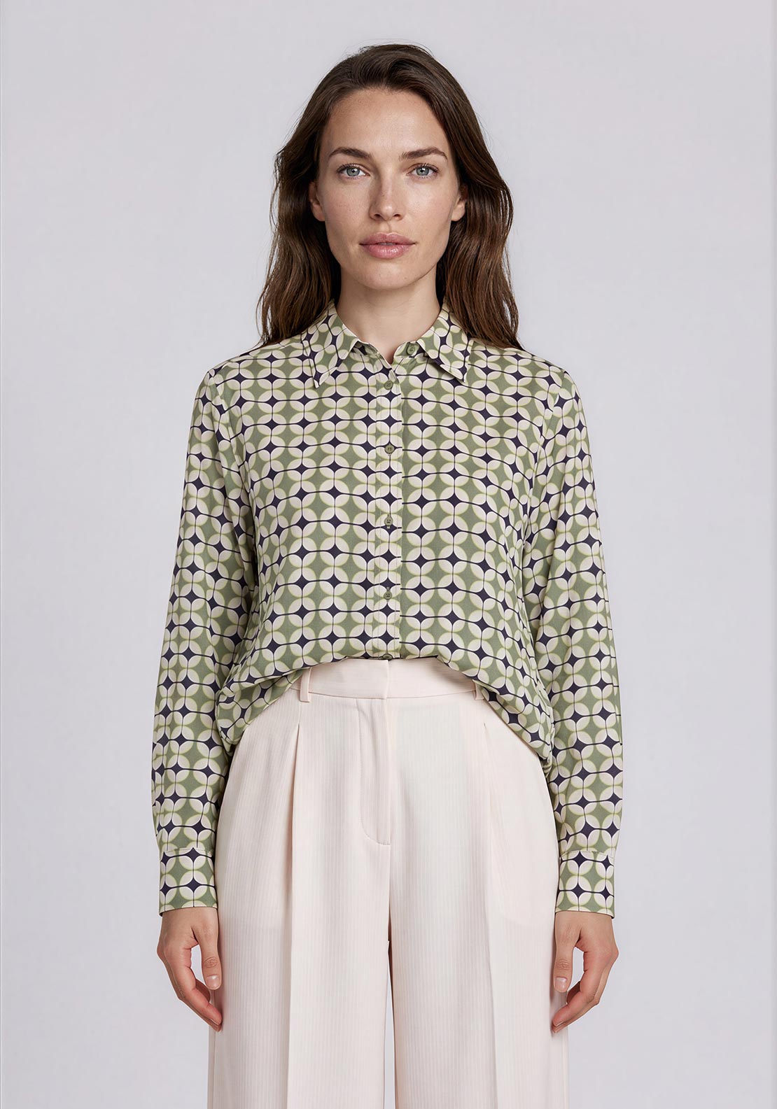 Olsen Geometric Button Up Shirt, Green Multi