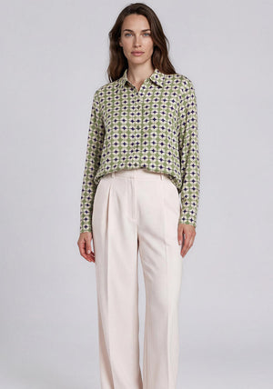 Olsen Geometric Button Up Shirt, Green Multi