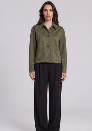 Olsen Faux Suede Cropped Button Up Jacket, Green