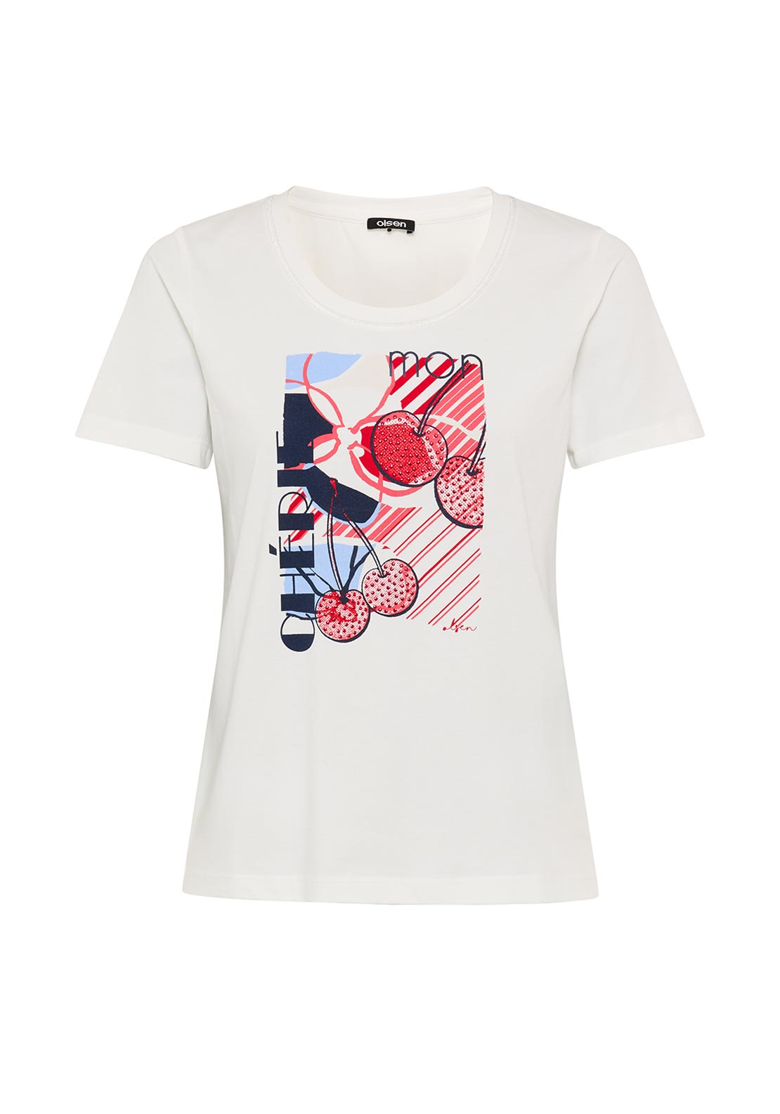 Olsen Cherry Print With Rhinestone Detail T-Shirt, White