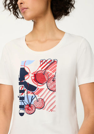Olsen Cherry Print With Rhinestone Detail T-Shirt, White