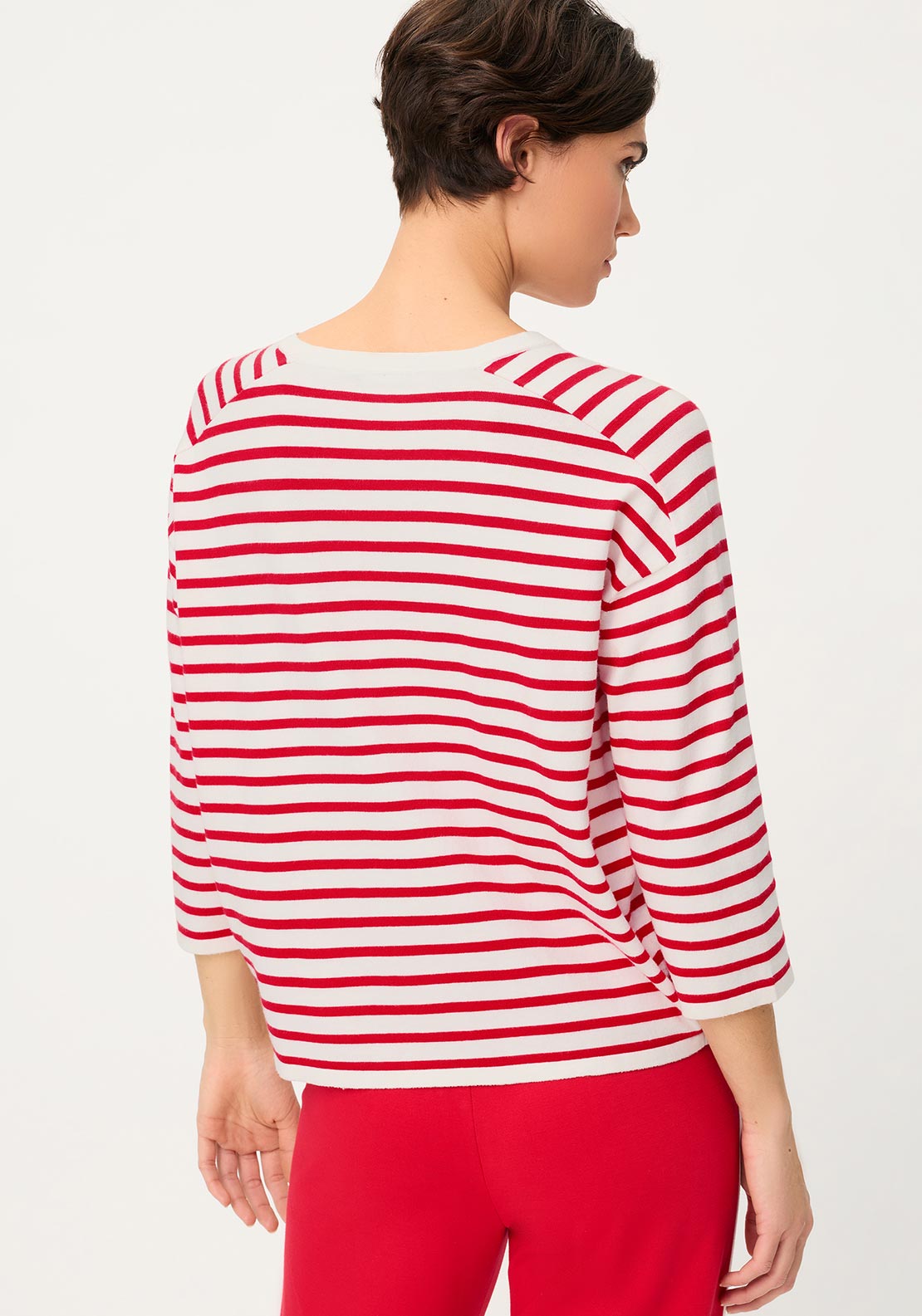 Olsen Striped Cropped Sleeve Top, White and Red