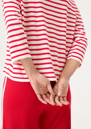 Olsen Striped Cropped Sleeve Top, White and Red