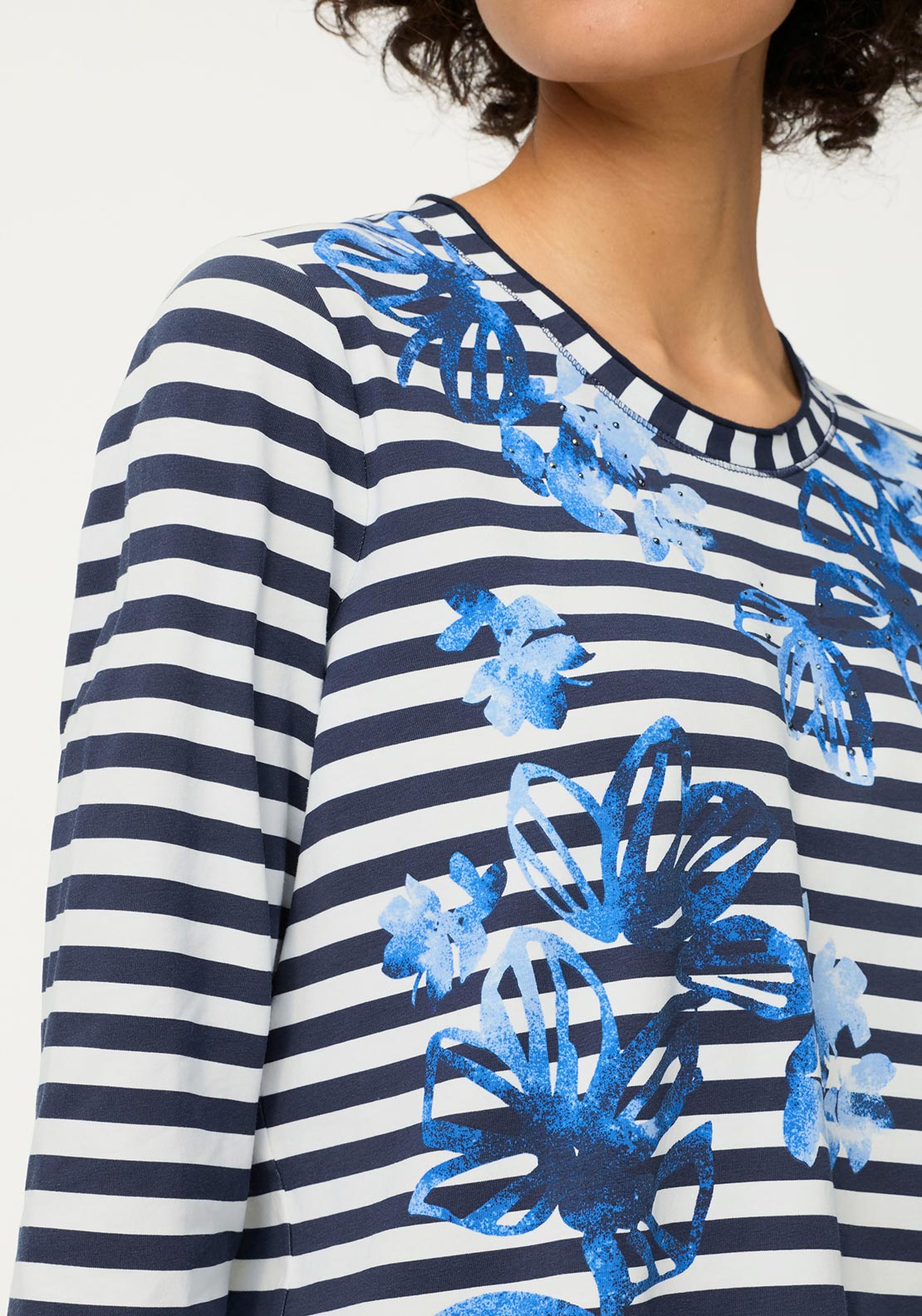 Olsen Floral Print Striped Top, Navy