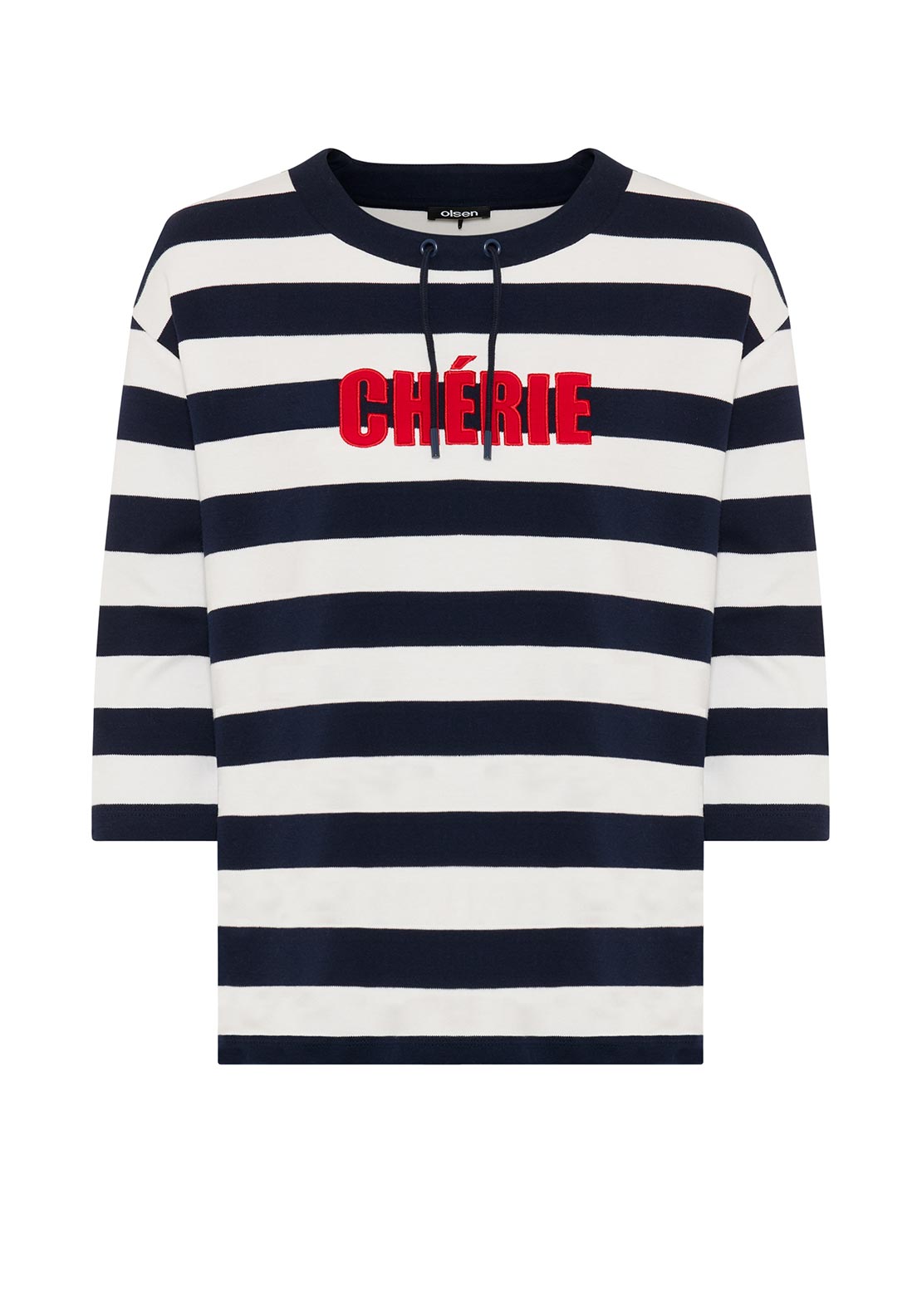 Olsen Cropped Sleeve Striped Top, Navy