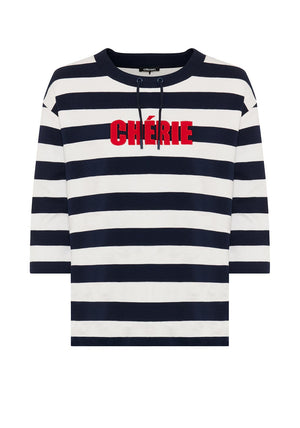Olsen Cropped Sleeve Striped Top, Navy