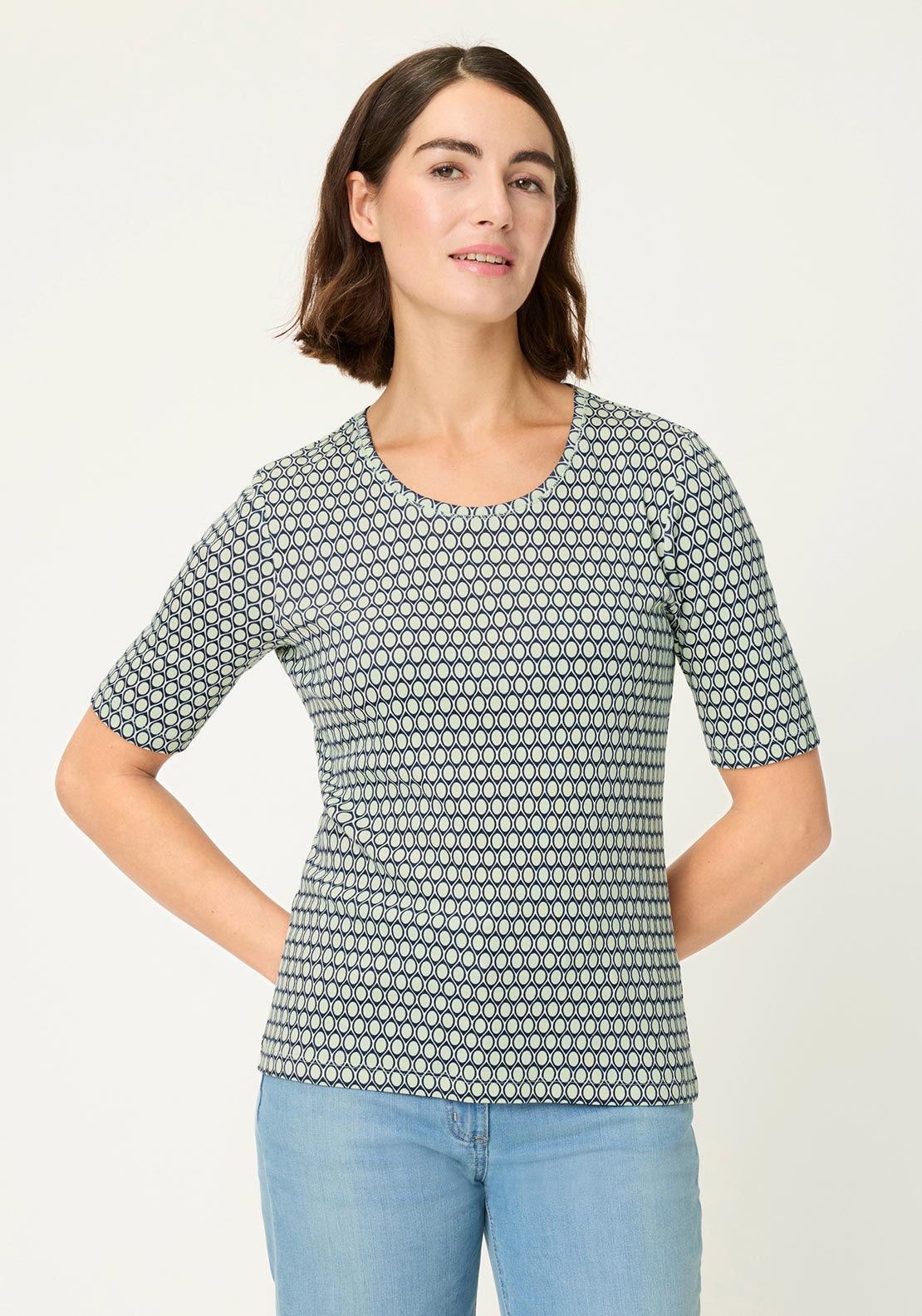 Olsen Geometric Print T-Shirt, Green and Navy