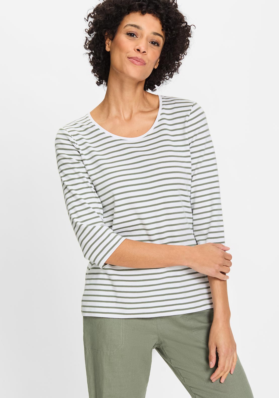 Olsen Hannah Striped Scoop Neck Top, Green and White