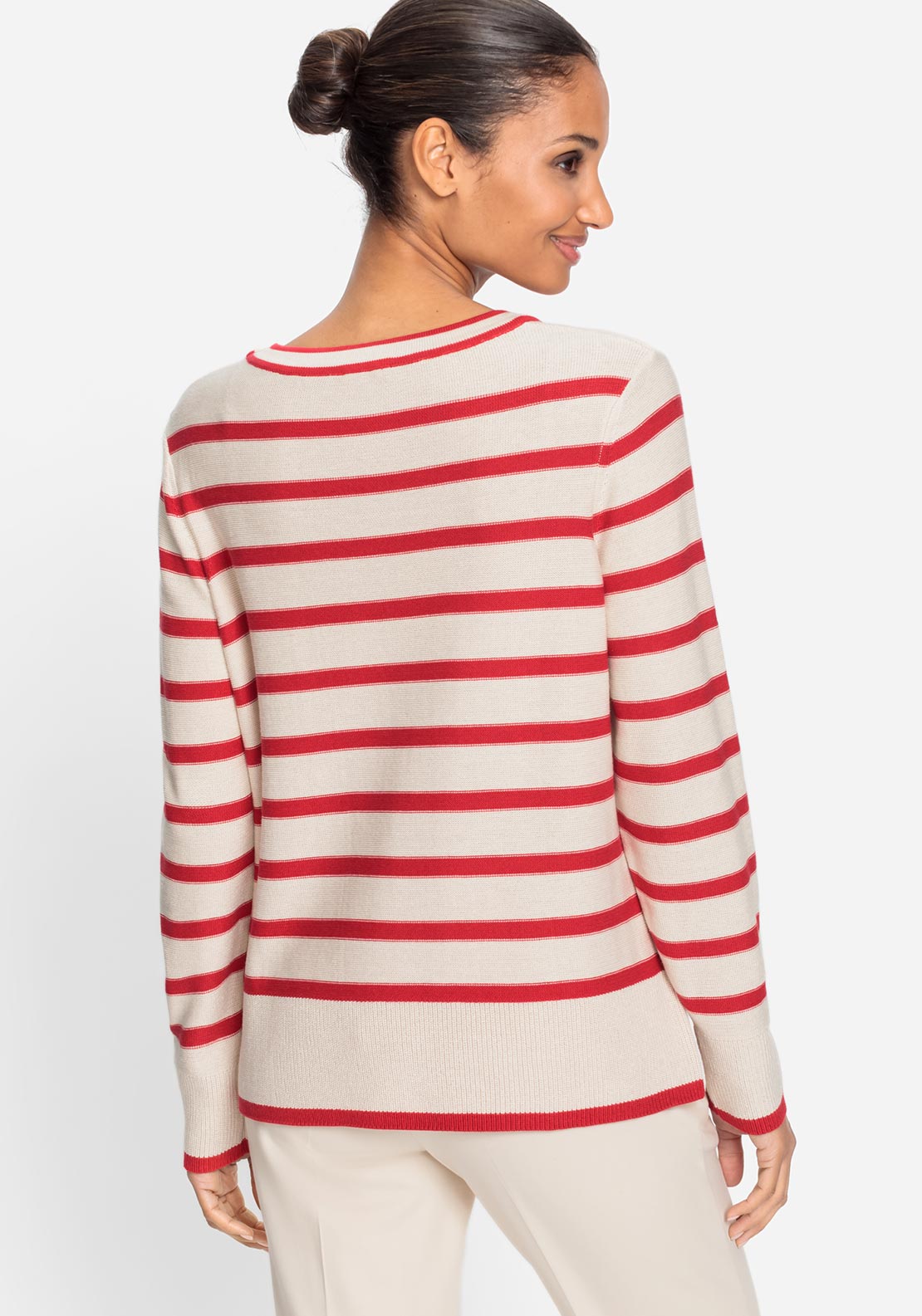 Olsen Henny Striped Button Detail Jumper, Red and Beige