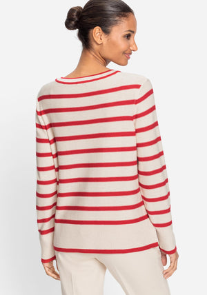 Olsen Henny Striped Button Detail Jumper, Red and Beige