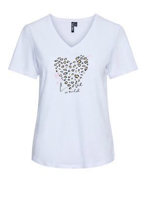 Pieces Suma V-Neck Print T-Shirt, Bright Whit
