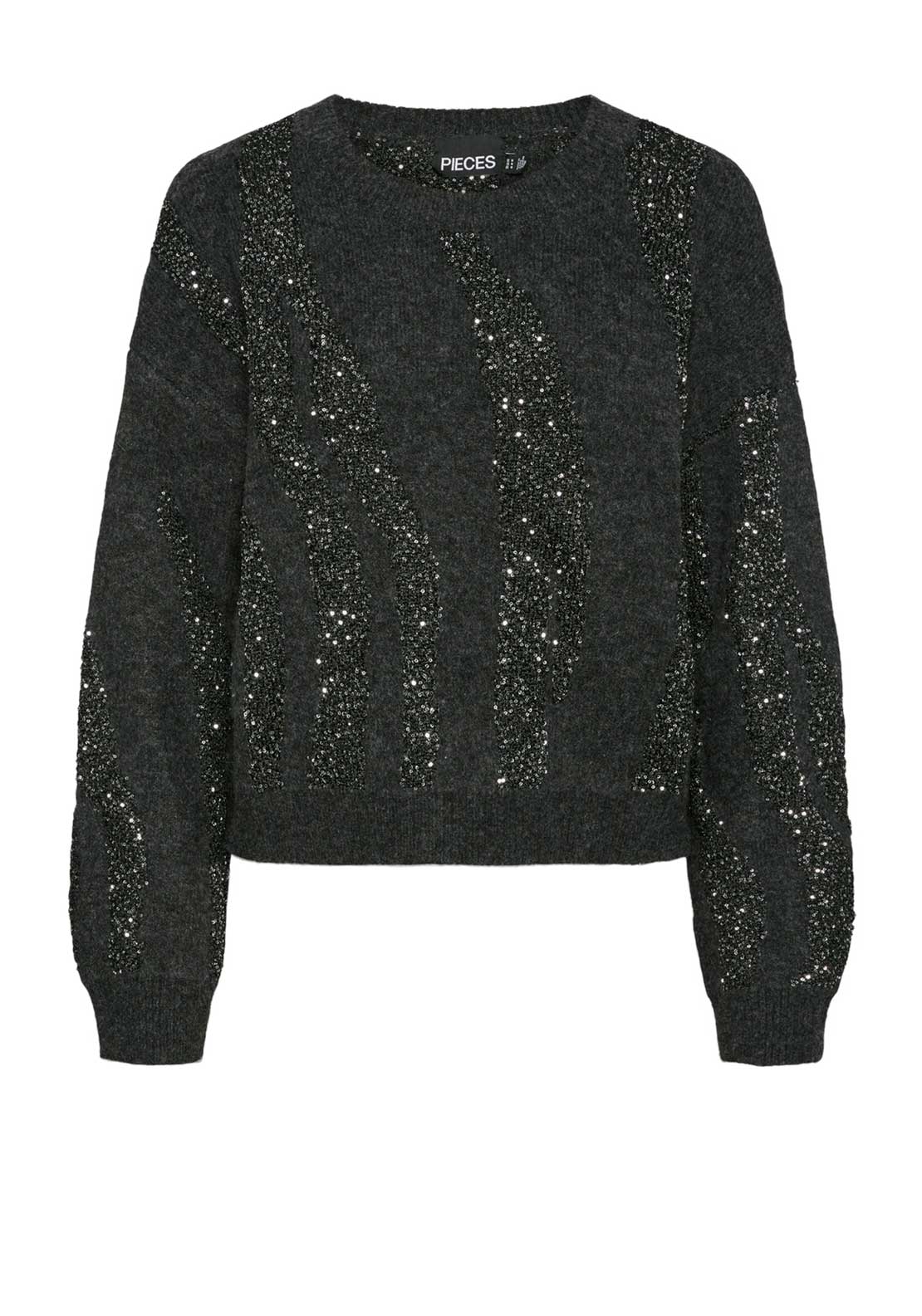 Pieces Rada Sequin Knit Junper, Dark Grey Melange