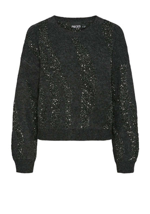 Pieces Rada Sequin Knit Junper, Dark Grey Melange
