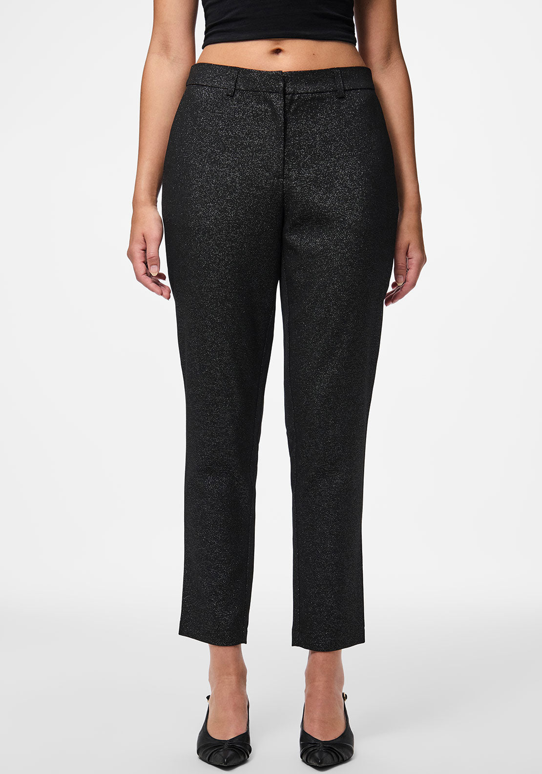 Pieces Bosella Silver Glitter Slim Leg Trousers, Black