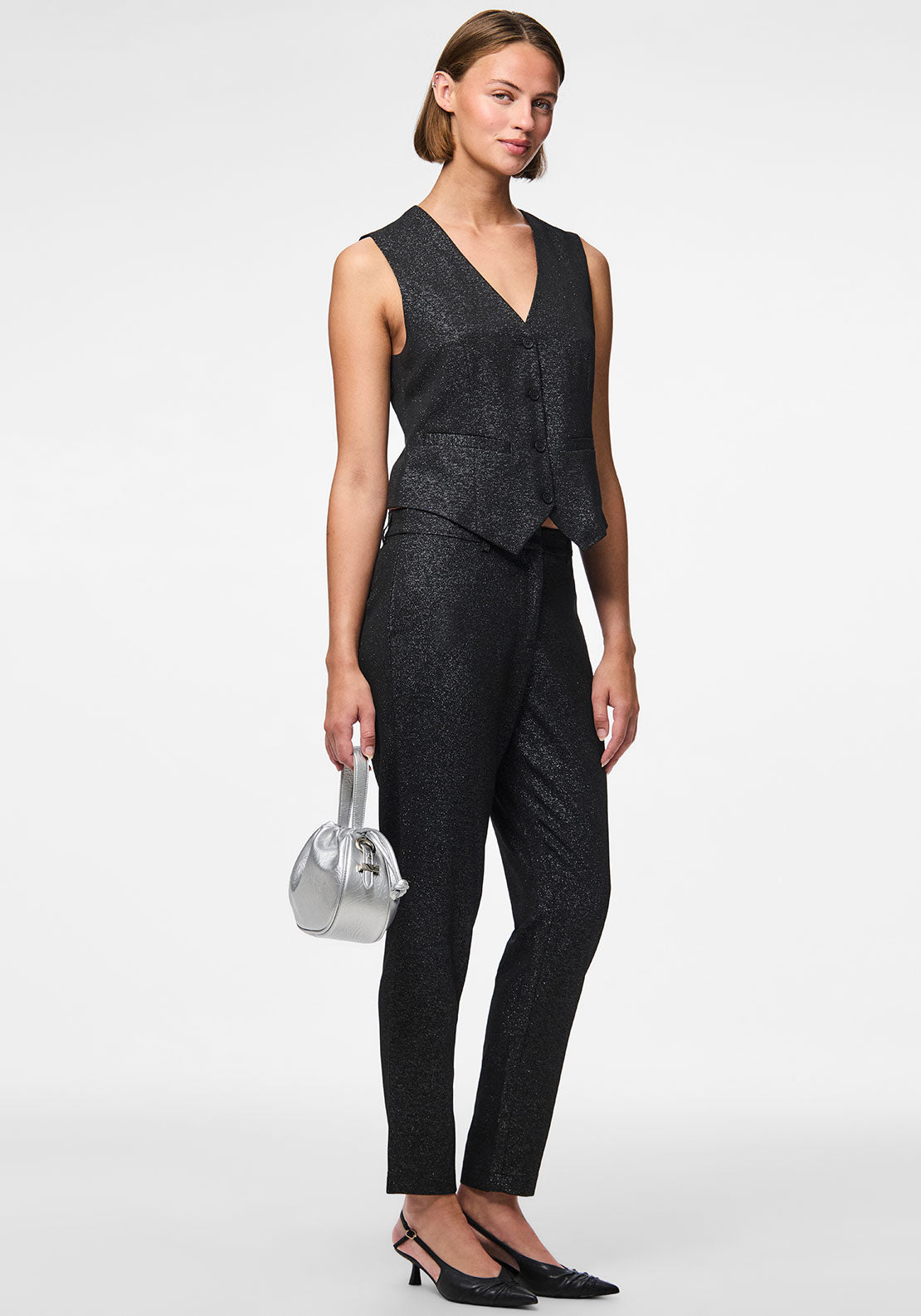 Pieces Bosella Silver Glitter Slim Leg Trousers, Black