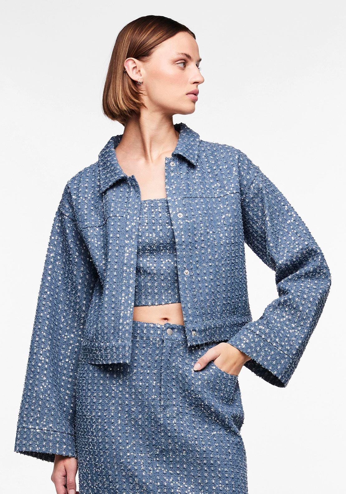 Pieces Naomi Sequin Denim Jacket, Medium Blue Denim