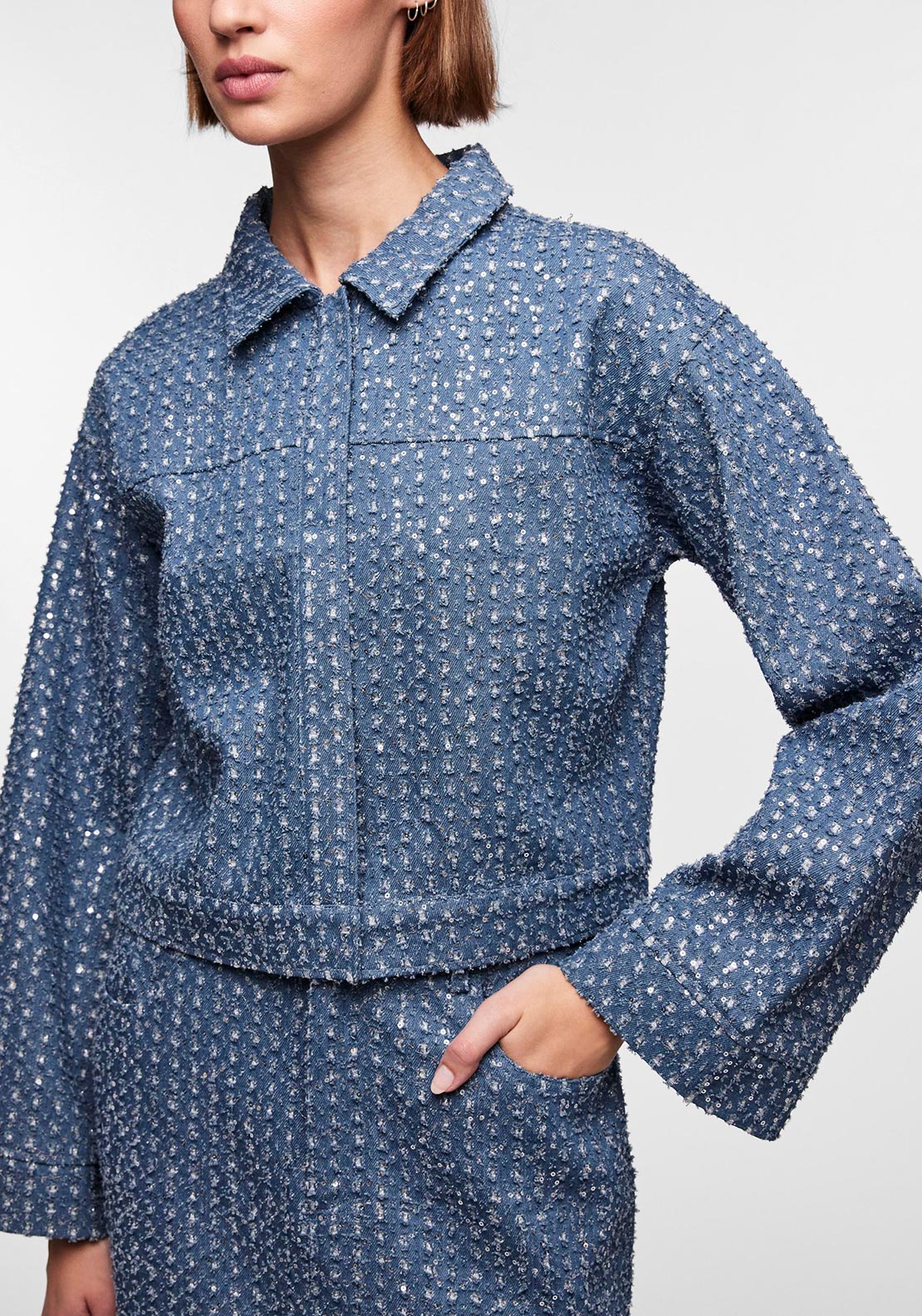 Pieces Naomi Sequin Denim Jacket, Medium Blue Denim