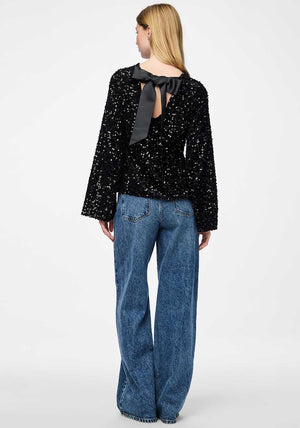 Pieces Kam Deep Back Sequin Bow Top, Black