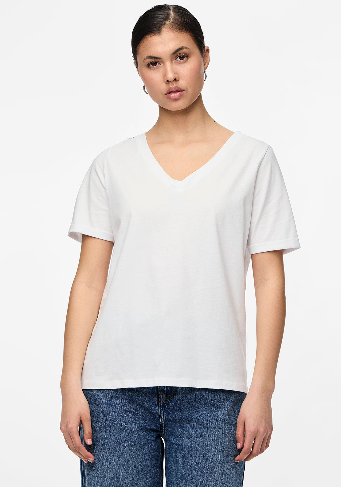 Pieces Cria Short Sleeve V Neck T-Shirt, White