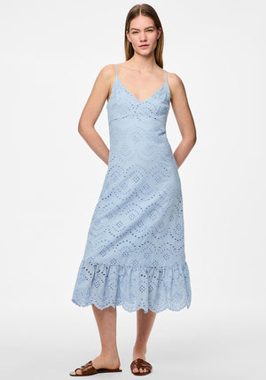 Pieces Vilde Broderie Midi Dress, Blue