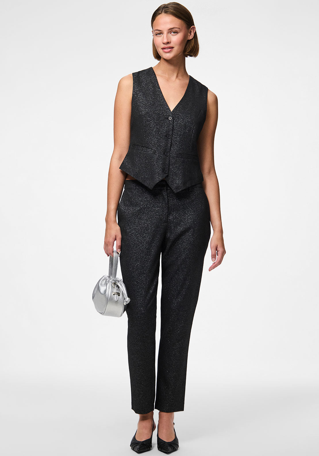 Pieces Bosella Glitter Lurex Waistcoat, Black