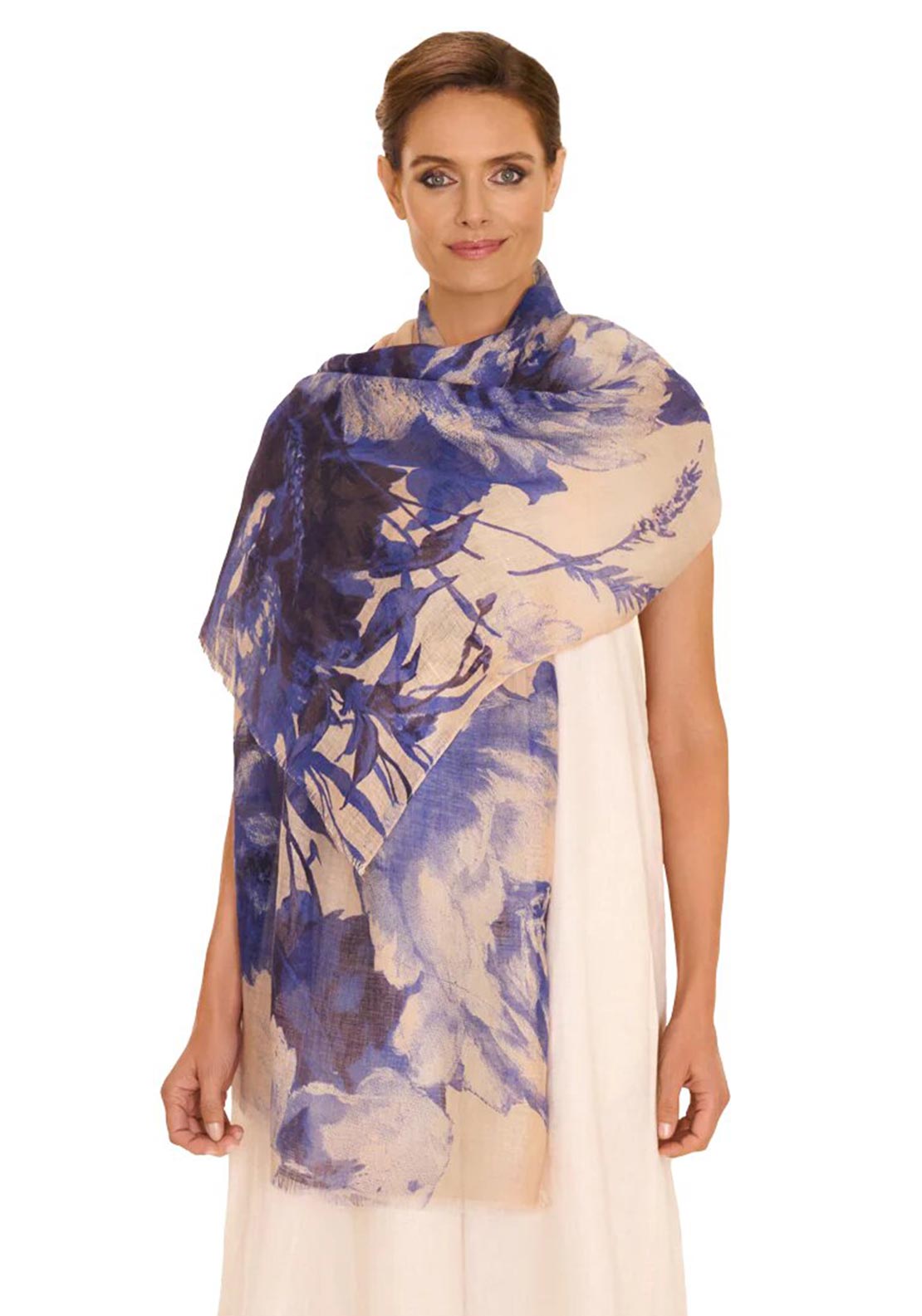 Powder China Blue Blooms Linen Cotton Scarf, Blue & Beige