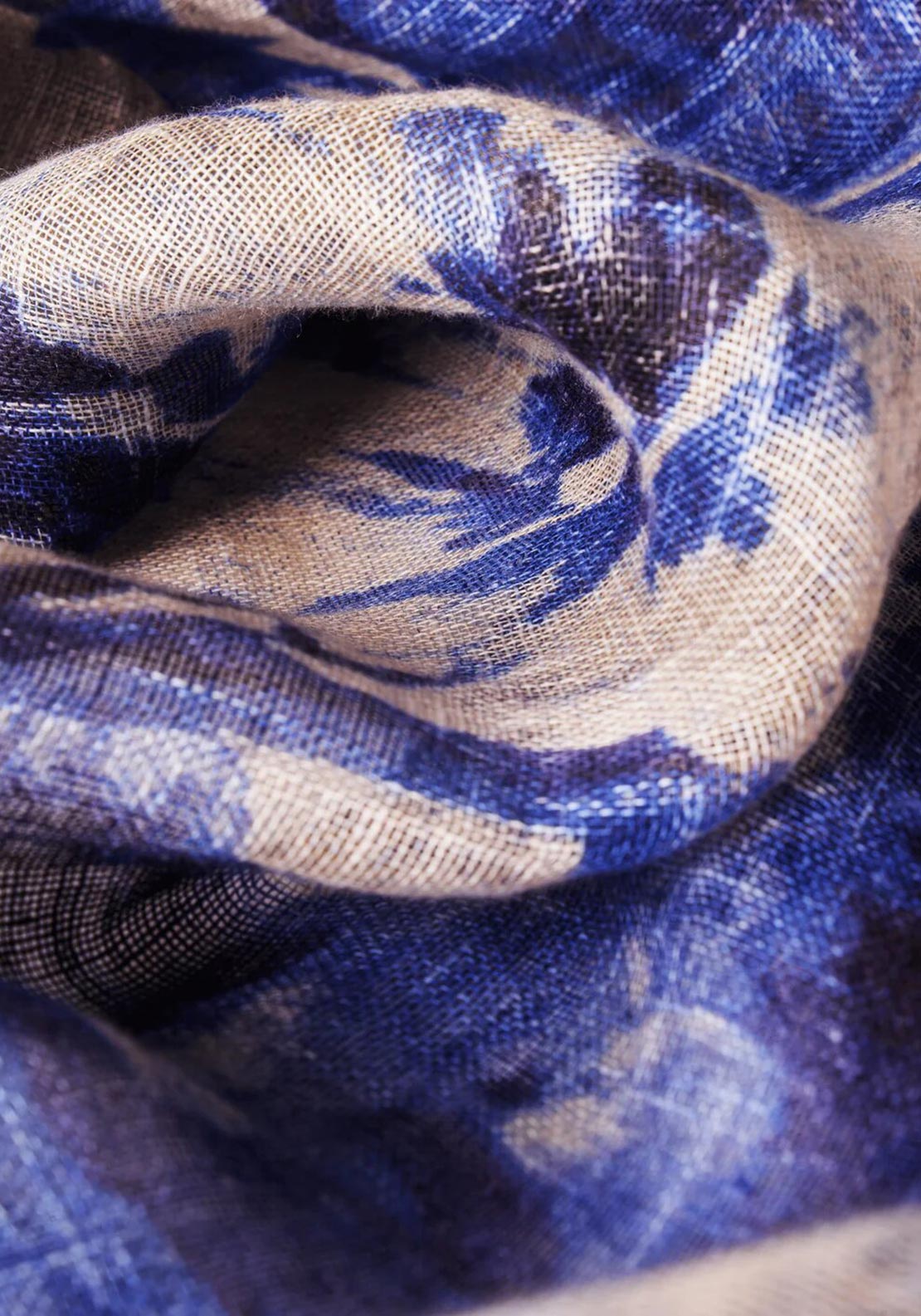 Powder China Blue Blooms Linen Cotton Scarf, Blue & Beige