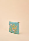 Powder Embroidered Hummingbird Velvet Mini Pouch, Aqua