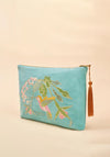 Powder Embroidered Hummingbird Velvet Zip Pouch, Aqua