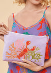 Powder Embroidered Lobster Buddies Velvet Zip Pouch, Lavender