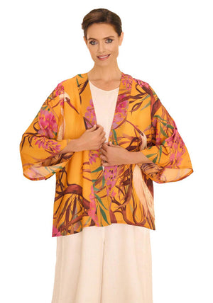Powder Oriental Crane One Size Kimono Jacket, Ochre