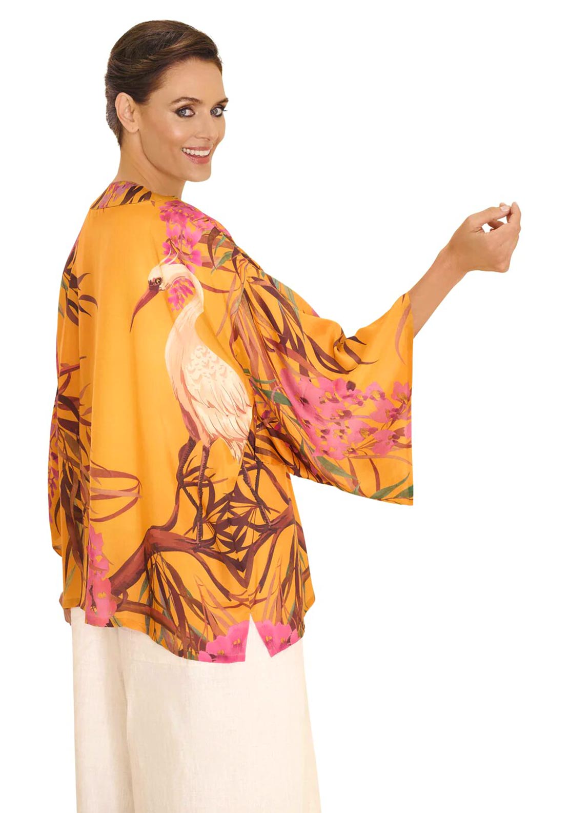 Powder Oriental Crane One Size Kimono Jacket, Ochre