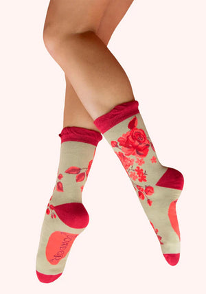 Powder Rouge Blooms Ankle Socks, Green & Pink