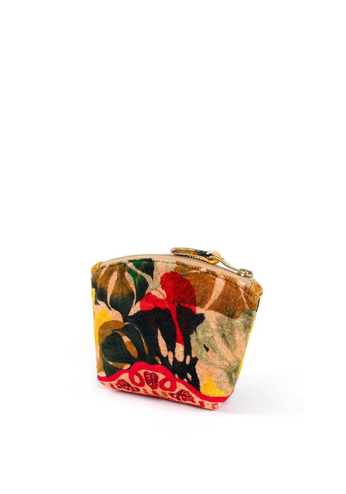 Powder Exotic Leaves Mini Velvet Pouch, Beige