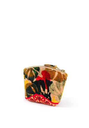 Powder Exotic Leaves Mini Velvet Pouch, Beige